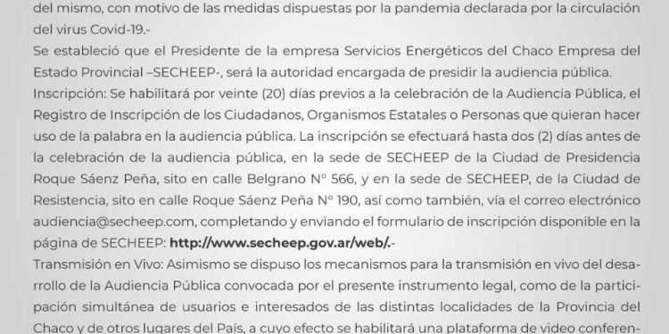 En audiencia pública, Secheep tratará la actualización de la tarifa de energía eléctrica