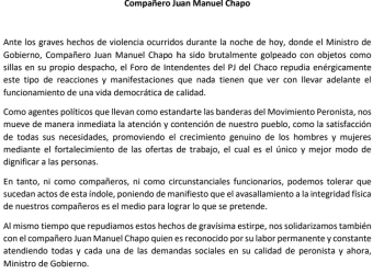 Repudio del Foro de Intendentes del PJ por la agresión al Ministro Juan Manuel Chapo