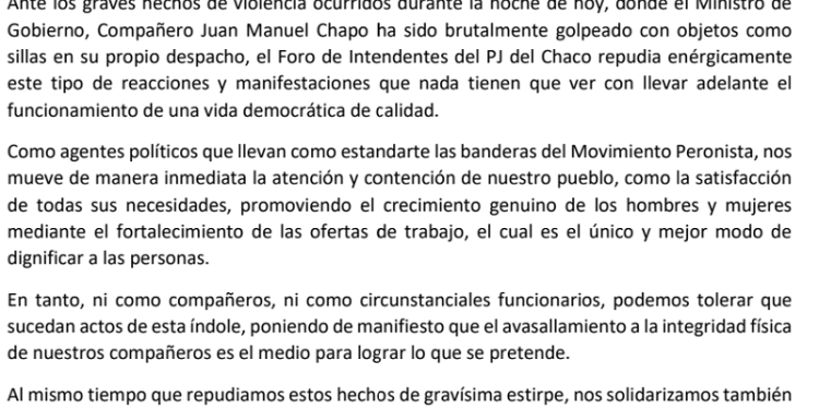 Repudio del Foro de Intendentes del PJ por la agresión al Ministro Juan Manuel Chapo
