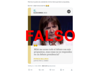 La placa de La Nación en la que Patricia Bullrich se queja del acoso de Javier Milei en el debate presidencial es falsa
