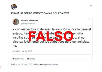 Es falso que en 2015 Victoria Villarruel tuiteó: “Lo lamento por los diabéticos, pero con mi plata no”