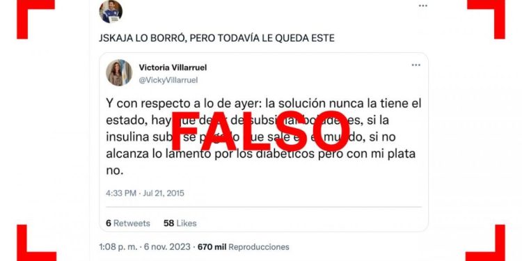 Es falso que en 2015 Victoria Villarruel tuiteó: “Lo lamento por los diabéticos, pero con mi plata no”
