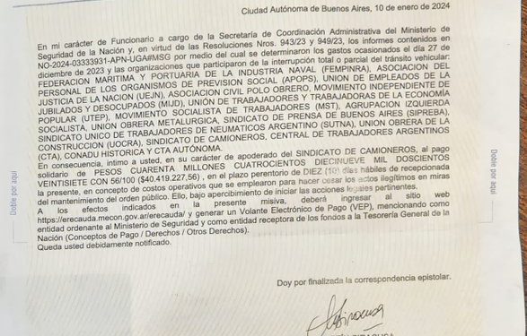 Bullrich manda cartas documento a sindicatos y reclama millones por la marcha del 27D