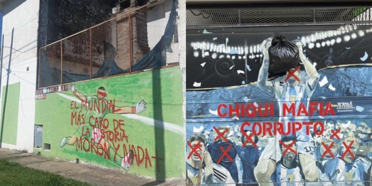 Vandalizaron murales de Lionel Messi y Dibu Martínez con mensajes para Chiqui Tapia y la AFA