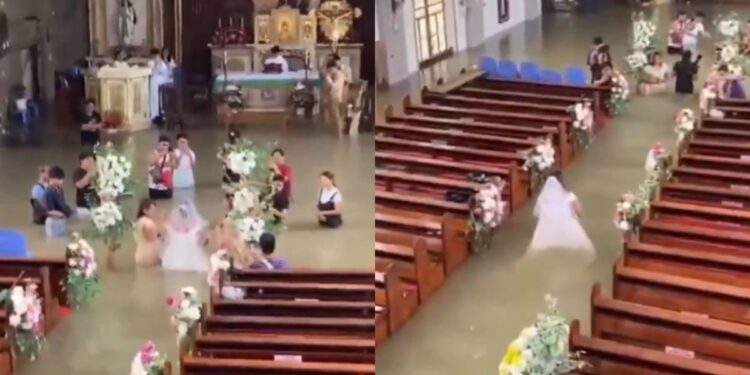 No los detuvo ni el agua: se casaron dentro de una iglesia inundada en Filipinas